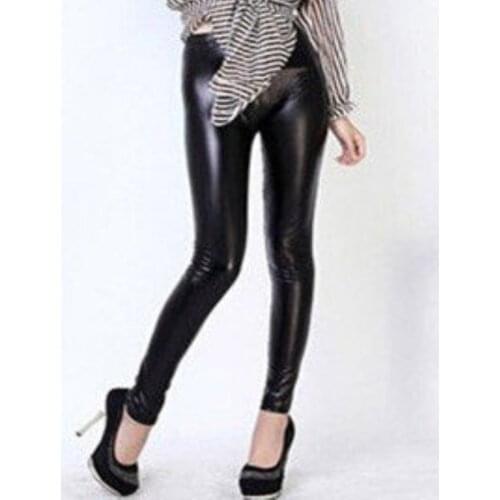 Women Spring Fall PU Leather Casual High Waist Pants Solid Color Matte Look Pencil Pants Stretch Slim Trousers Leggings