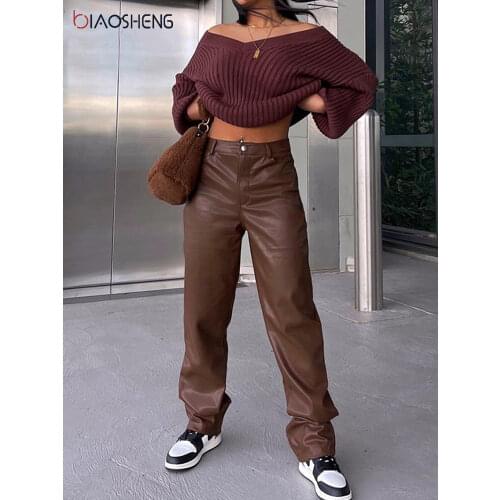 Faux PU Leather Pants Women Y2k Straight Pants Fashion Elegant Baggy Loose Pants Vintage Casual High Waist Trousers Harajuku