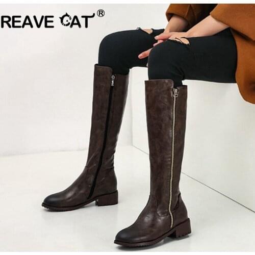 REAVE CAT 2020 Retro leather shoes knee high boots flat low heels zipper long boots fashion winter warm shoes black big size 48
