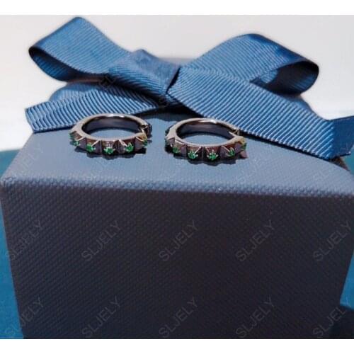 SLJELY Luxury Solid 925 Sterling Silver 3 Sizes Black and Green Zirconia Spike Hedgehog Hoop Earrings Women Fashion Rock Jewelry