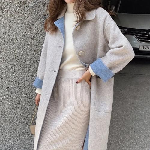 Fashion Stitching Contrast Color Woolen Coat Women Mid-length Autumn And Winter Large Size Loose Over-the-knee Woolen Coat