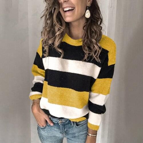 Winter Women Sweaters Long Sleeve O-neck Casual Stripe Sweater Women Fashion Loose Knitting Contrast Pullover Lady Warm Tops