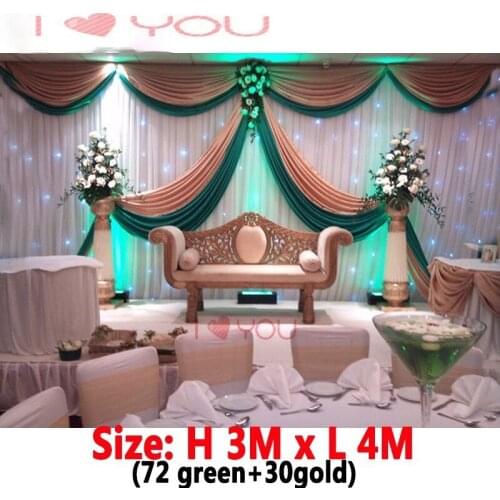 3x4M ice silk wedding backdrop drape with swags gold and green wedding backdrops curtain for event party decoration