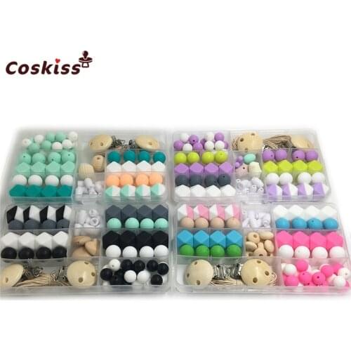 4pc DIY Baby Teether Accessories Geometry Hexagonal Round Silicone Bead Wooden Pacifier Clip Breakaway Safety Clasp For Bracelet