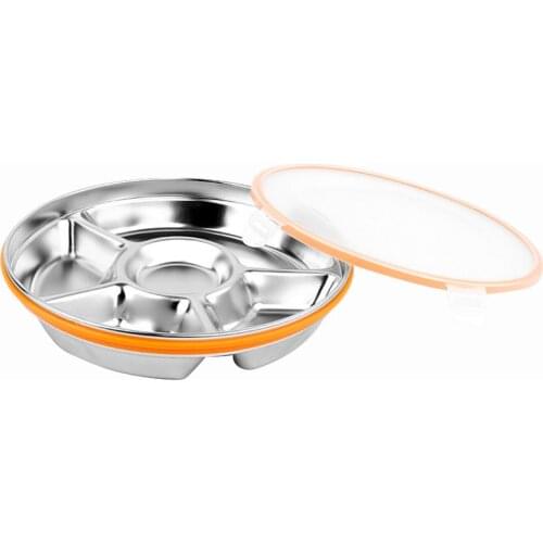 5 Compartments Stainless Steel Dinner Plate Outdoor Picnic Lunch Box Round Fast Food Eco-Friendly Sub-Grid Plate Dish