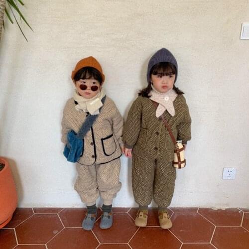 Winter Korean style children warm quilted dot clothing sets 2020new arrival boys and girls thick coat and pants 2 pcs sets
