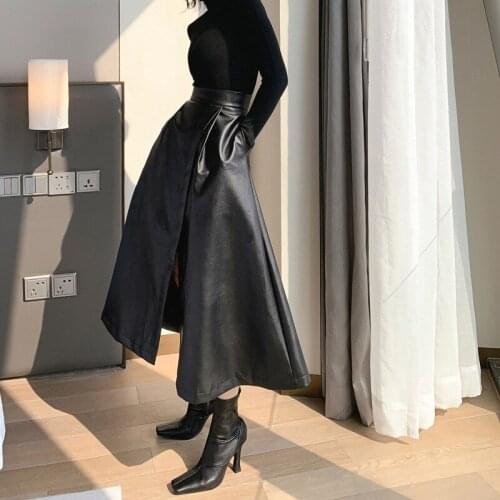 Designed High Waist Long PU Skirt Casual Split Loose Faux Leather Skirt Women Special Female High Quality A Line Skirt