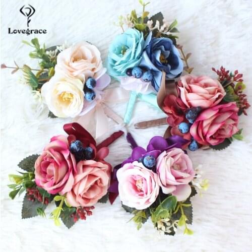Lovegrace Artificial Silk Flowers Bride Groom Wedding Corsages and Boutonnieres Rose Berry Flower Brooches Jewelry Bouquet Prom