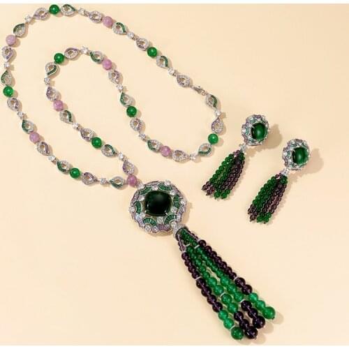 Emerald Green purple color bead Stone Flower beads Long Tassel pendant Designer Necklaces long Sweater Chain Jewellery for women