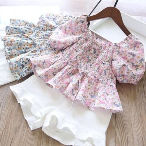 Summer Girls' Clothing Sets Fresh Style Elastic Waist Floral Blouse +Embroidered Shorts 2Pcs Baby Kids Children Clothes Suit