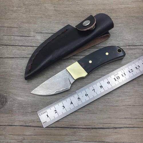 Damascus steel blade Ebony copper handle Camping knife small size Portable Survival Hunting knives fixed blade knife