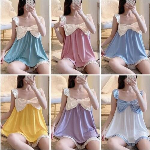 Cartoon Cute Sleepwear Women Sling Pajamas Summer Fashion Girlsfriend Suit Youth Student Kawaii Pyjamas With Bow Tie Lounge Wear