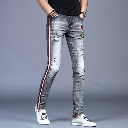 Mens hole embroidery flower jeans mens trendy brand summer thin Slim feet Korean casual teenager long pencil pants