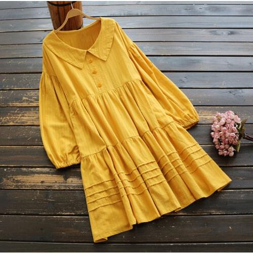 New autumn womens 2020 Korean version loose solid color cotton dress casual doll collar long sleeve dress cute girl