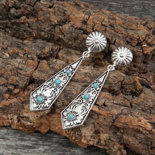 New European and American Retro Bohemian Turquoise Earrings Geometric Diamond Carved Exaggerated Earrings Wholesale