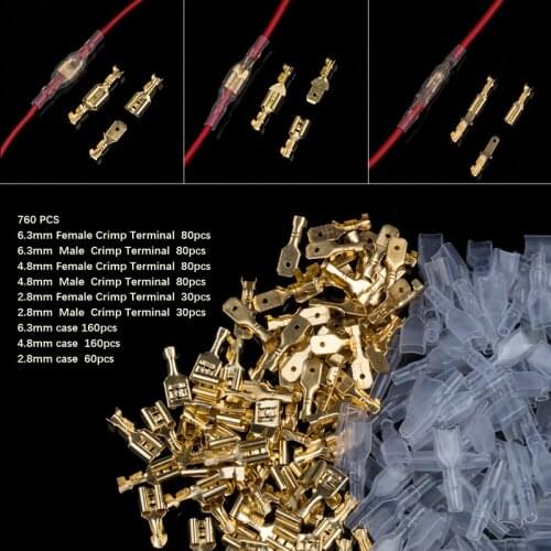 760PCS 2.8/4.8/6.3mm Female&Male Crimp Terminals Seal Spade Wire Connectors Set with Insulating Sleeves For 0.5mm2-1.5mm2