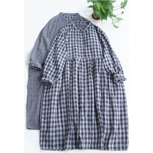 Soft cotton layer yarn A-line stand-up collar dress Loose forest long-sleeve womens dress literary Japanese spring autumn