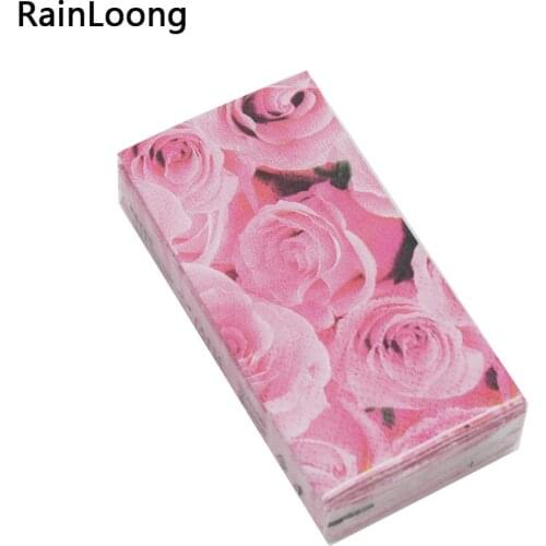 [RainLoong] Pink Rose Printed Pocket Napkin Tissue Handkerchiefs Paper For Decoration Personal Care 21*21cm 5packs (10pcs/pack)