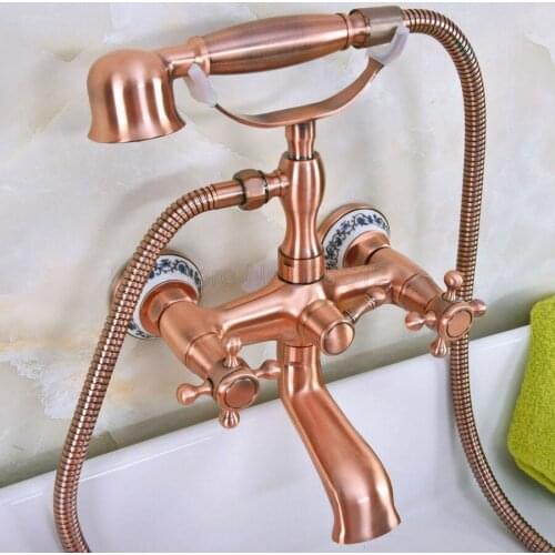 Antique Red Copper Bathtub Faucets Telephone Style Tub Mixer Taps Dual Handle Bathroom Bath Shower Faucet with Handshower tna338