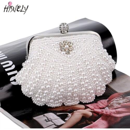 New bead embroidery dinner bag fashion pearl banquet dress clutch shell wild metal chain shoulder messenger female bag