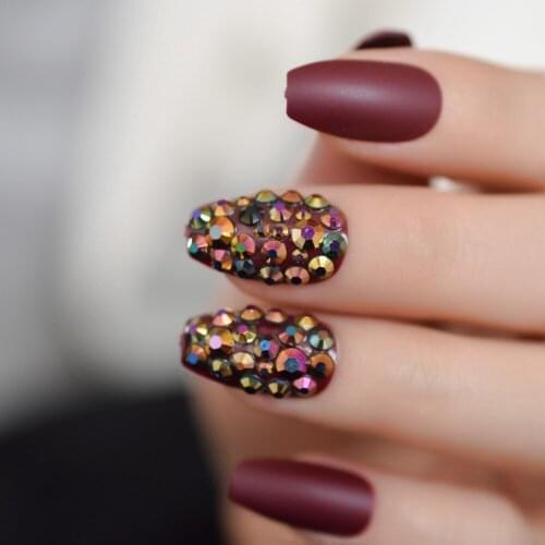 Maroon Coffin Nails Attractive Rhinestone Custom Luxury Fake Nail Tips Matte Solid Color Artificial Nails