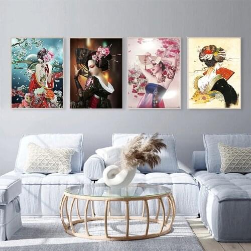 Japanese geisha beauty kimono woman canvas painting art posters and prints on canvas wall art pictures home decoration gifts