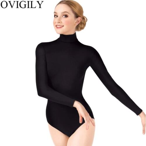 OVIGILY Womens Turtleneck Leotard For Ballet Dance Adults Black Long Sleeves Gymnastics Leotards Bodysuits Teaching Class Tops
