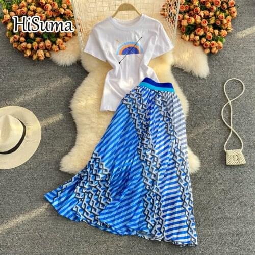 2021 summer new female o-neck cotton t-shirt + high waist Geometric stripes print pleated skirt two-piece sets women suits