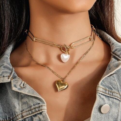Trendy Double Love Pearl Necklace for Women Simple Statement Cold Peach Heart Pendant Choker Necklace Thick Alloy Chain Jewelry