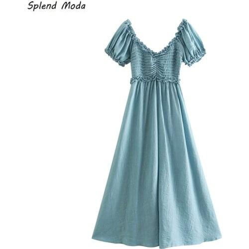 2021 Summer Vacation Women French Long Elegant Folds V-Neck Short-Sleeved Waist Long Dress Edible Tree Fungus Solid Color