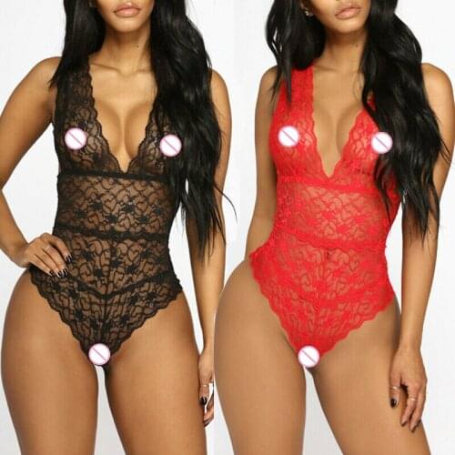 Womens Hot Sexy Sleeveless Lingerie Lace Floral Bodysuits Underwear G-string Deep V Neck Catsuit Sexy Erotic Sex Costume