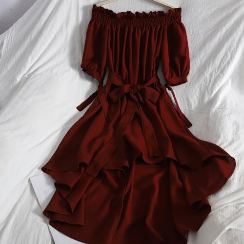 2021 Summer Women Slash Neck Puff Sleeve Irregular Chiffon Ruffles Dress Lady Bandage Strap Elastic Slim Waist Party Chic Dress