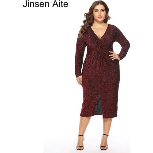 Jinsen Aite Plus Size XL-5XL Women Fashions Sexy V-Neck Party Dress Long Sleeve Spring and Autumn Formal Vestidos Big Size JS731