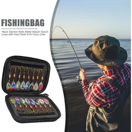16pcs Spinner Composite Baits Fly Hooks Durable Metal Sequin Fishing Lures with Black Hard Shell EVA Carrying Storage Cases