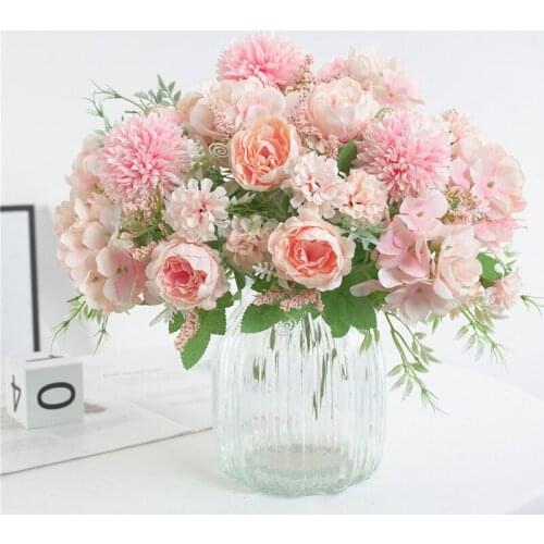 Wedding Bouquet Artificial Silk Rose Peony Flower Bride Bouquet Hydrangea Pompom Bud Vanilla Spike Wedding Supplie Pink Party