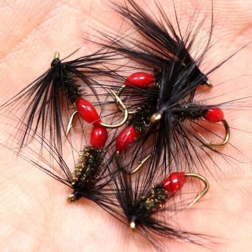 6pcs #12 Soft black Hackle Red Butt Fly Fishing Nymph Wet Artificial Lure Bait for Fishing Trout Ant
