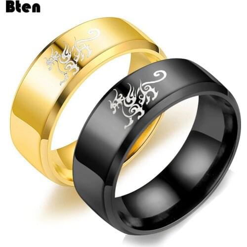 Bten Vintage Stainless Steel Wedding Ring For Men Punk Dragon Ring Gold Black Color Finger Rings