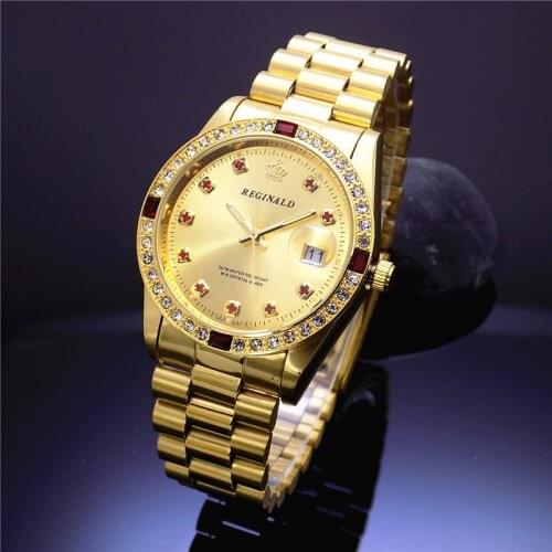 2018 Fashion Hk Reginald Brand New Quartz Clock Luxury Full Gold Stainless Steel Womens Watch Date Analog Display Woman Watches