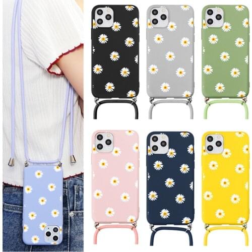 Fashion Art Floral Daisy Lanyard Crossbody Necklace Case For iPhone 12 11 Pro X XR XS Max 6 6S 7 8 Plus 5 5S SE 2 2020 TPU Cover
