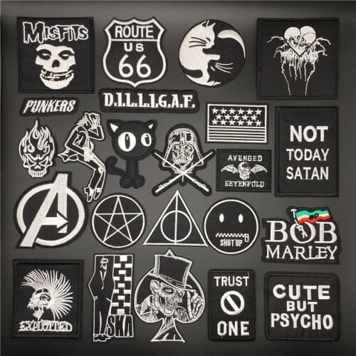 Black Punk Badges Jacket Patch Embroidered Iron Patches For Clothing Sew On Sticker DIY Appliques Decoration Rock Band