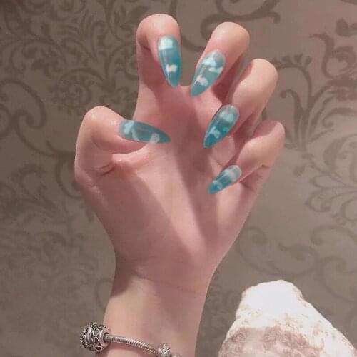 24pcs/box Long Pointy Head fake nails Wearable Manicure Fashionable Natural Blue Sky White Cloud Water Drop Beautiful nail tips