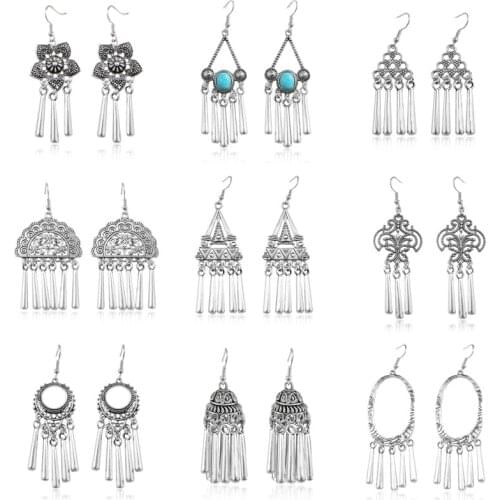 Ethnic Geometric Tassels Earring Retro Flowers Totem Elliptical Bells Lanterns Fan Shaped Natural Stone Earrings Fashion Jewelry