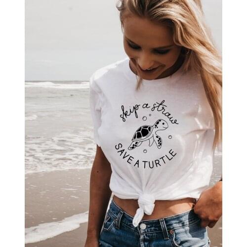 Skip A Straw Save A Turtle Graphic Tees Women T-shirt Summer Short Sleeve Aesthetic Tops Tees Camisetas Mujer Tumblr Clothing