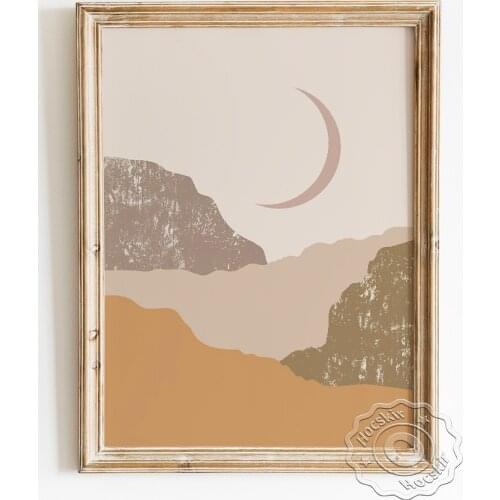 Crescent Scenery Art Prints Poster, Moon Mountains Canvas Painting, Abstract Celestial Landscape Wall Picture, Modern Home Decor