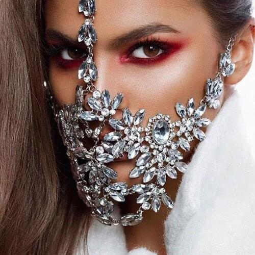 Crystal Flower Rhinestone Mask Masquerade Jewelry Decoration Luxury Face Mask for Women Face Accessories Costume Mask Chain Gift