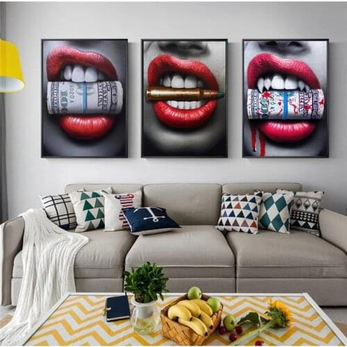 Sexy Bleeding Red Lips Wall Art Canvas Prints Modern Lips With Bullet and Money Canvas Art Paintings Cuadros Pictures Wall Decor