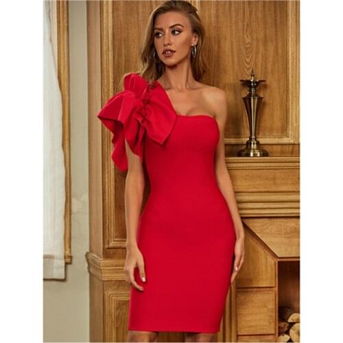 Newest Ladies Bodycon Bandage Dress 2021 Sexy One Shoulder Ruffles Red Women Summer Dress Fashion Evening Party Dress Vestido