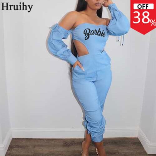 Solid Color Jumpsuit Women Off The Shoulder Long Sleeve Jumpsuits for Women 2020 Hollow Out Sexy Fashion Party Club Plus Size