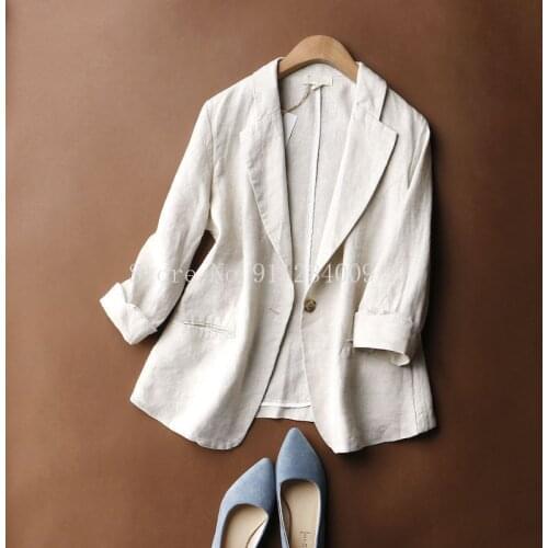 Autumn Cotton and Linen Blazers Women Slim Solid Three-quarter Sleeve Coats Female 2021 Fashion Casual Office Lady Coat Clothes