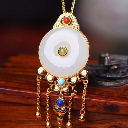 Natural Hetian white jade Round Pendant Necklace Chinese retro palace style luxury tassel noble unique craft silver jewelry